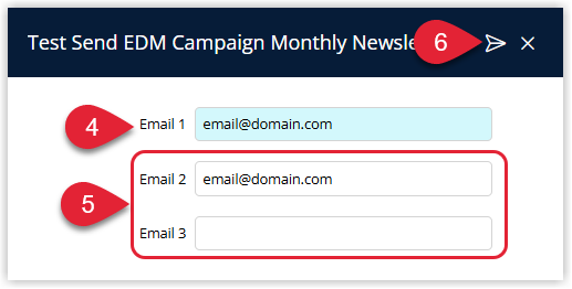 Annotated screenshot of the Test Send dialog in RMS showing the Email address fields and the Send icon