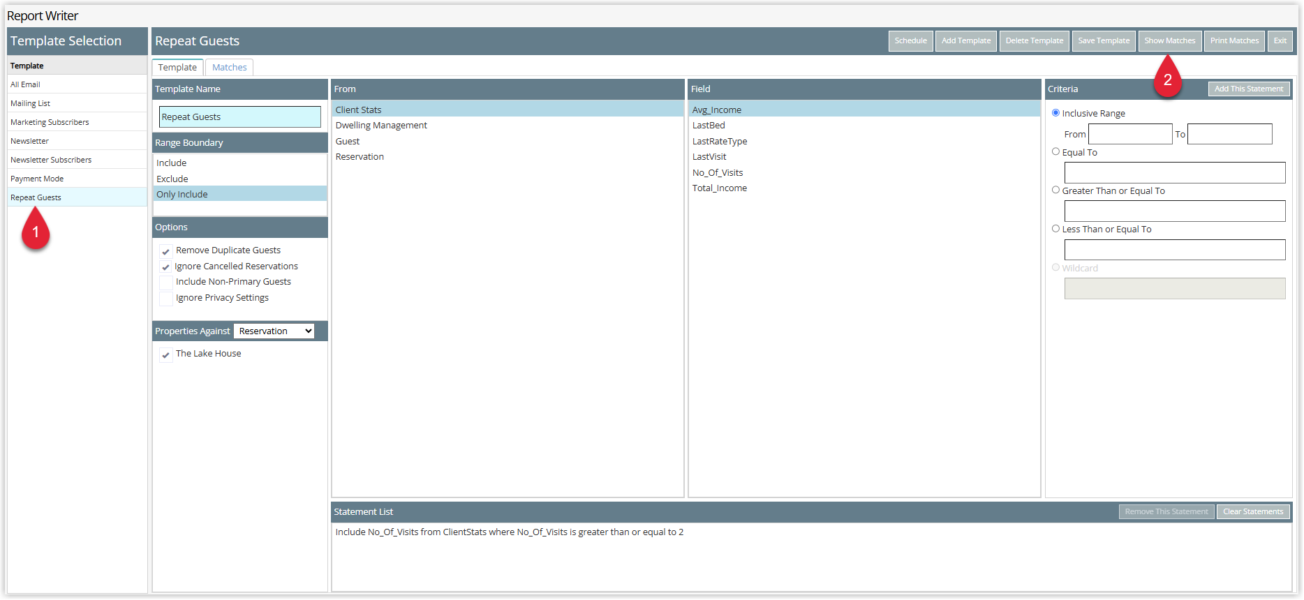 Annotated screenshot of the Report Writer screen in RMS highlighting a saved template and the Show Matches button