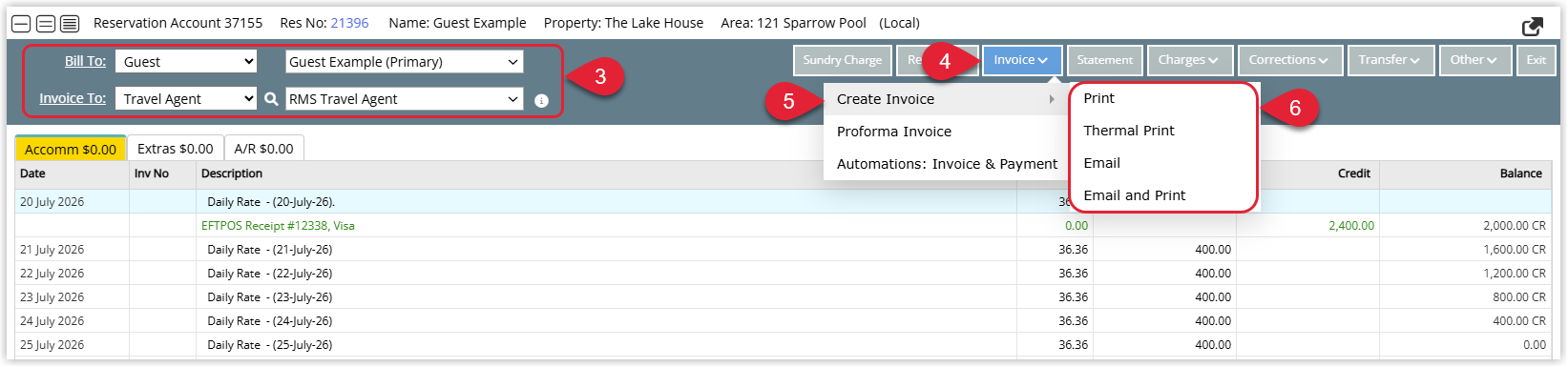 Screenshot of the Reservation Account screen in RMS showing the Invoice To set to a Travel Agent