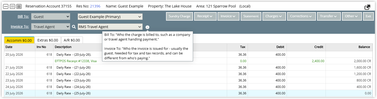 Annotated screenshot of the Reservation Account screen in RMS highlighting the Bill To and Invoice To dropdowns