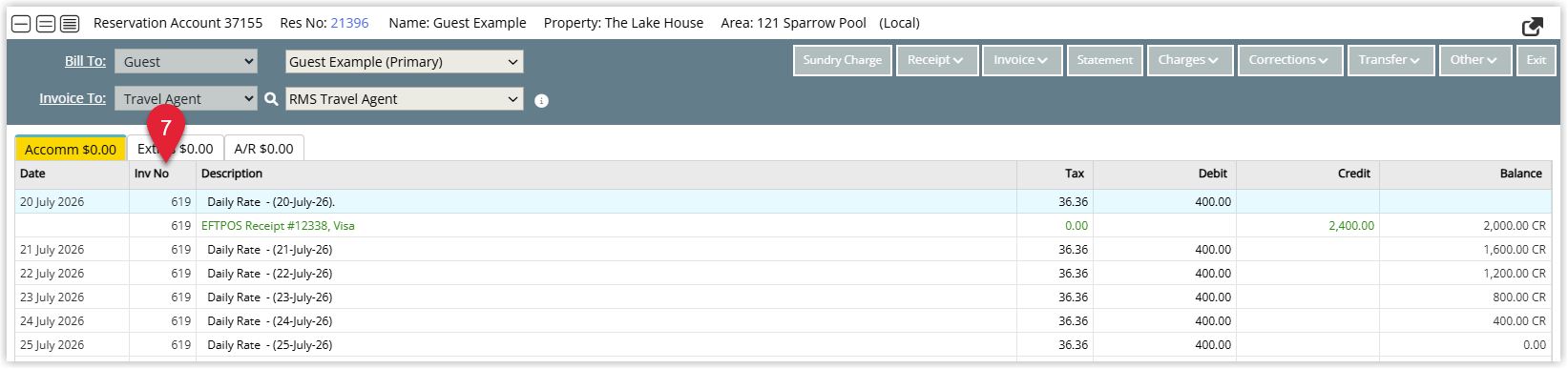 Screenshot of the Reservation Account screen in RMS showing the Invoice To fields locked after invoice creation