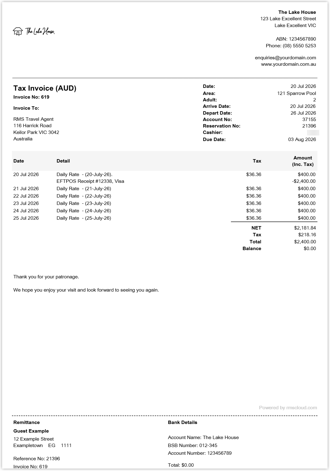 Screenshot of a Tax Invoice document in RMS showing the Invoice To recipient details for a Travel Agent