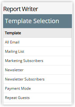 Screenshot of the Template Selection panel in RMS showing saved Report Writer templates