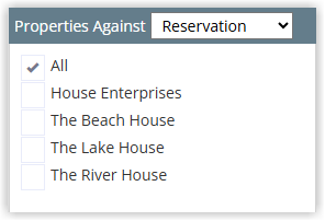 Screenshot of the Properties Against dropdown in RMS showing Reservation selected