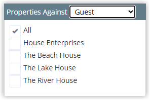 Screenshot of the Properties Against dropdown in RMS showing Guest selected