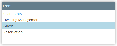 Screenshot of the From column in RMS showing Client Stats, Dwelling Management, Guest and Reservation