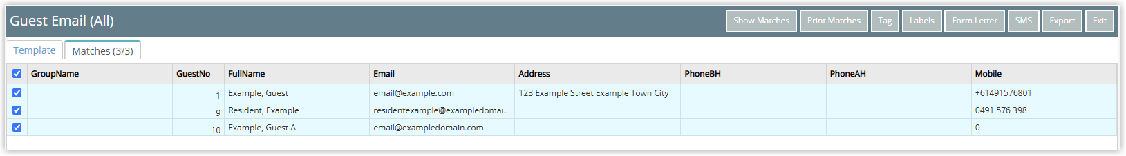Screenshot of the Matches tab in RMS showing the results grid columns