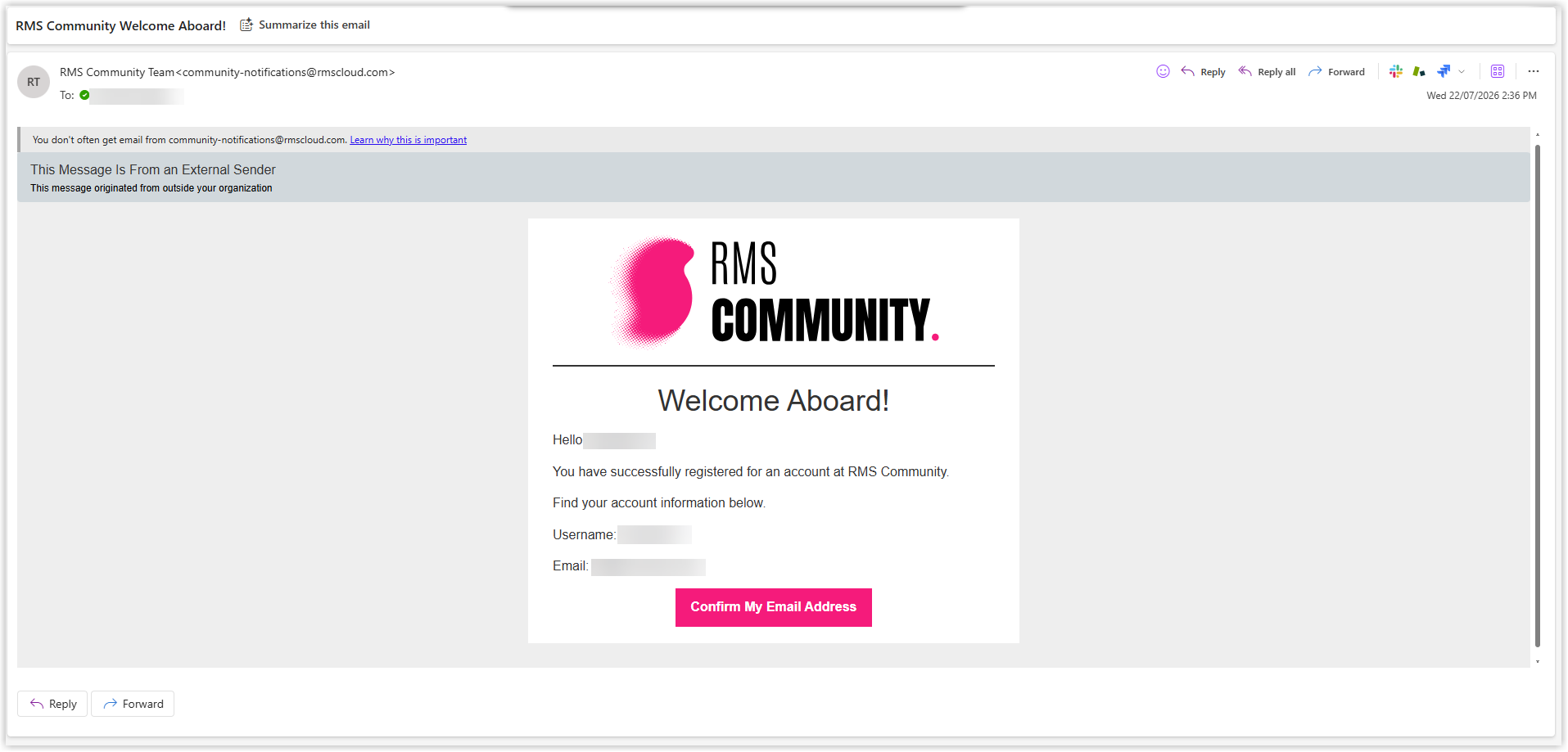 Screenshot of the RMS Community Welcome Aboard email showing the Confirm My Email Address button