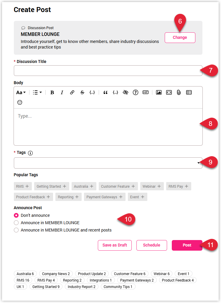 Screenshot of the Create Post form in RMS Community showing the Discussion Title, Body, Product Feedback tag and Post button