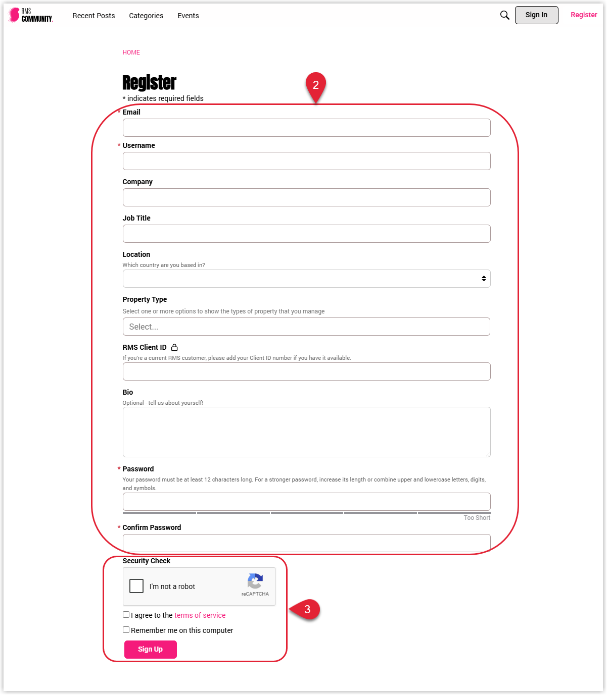 Screenshot of the RMS Community registration form