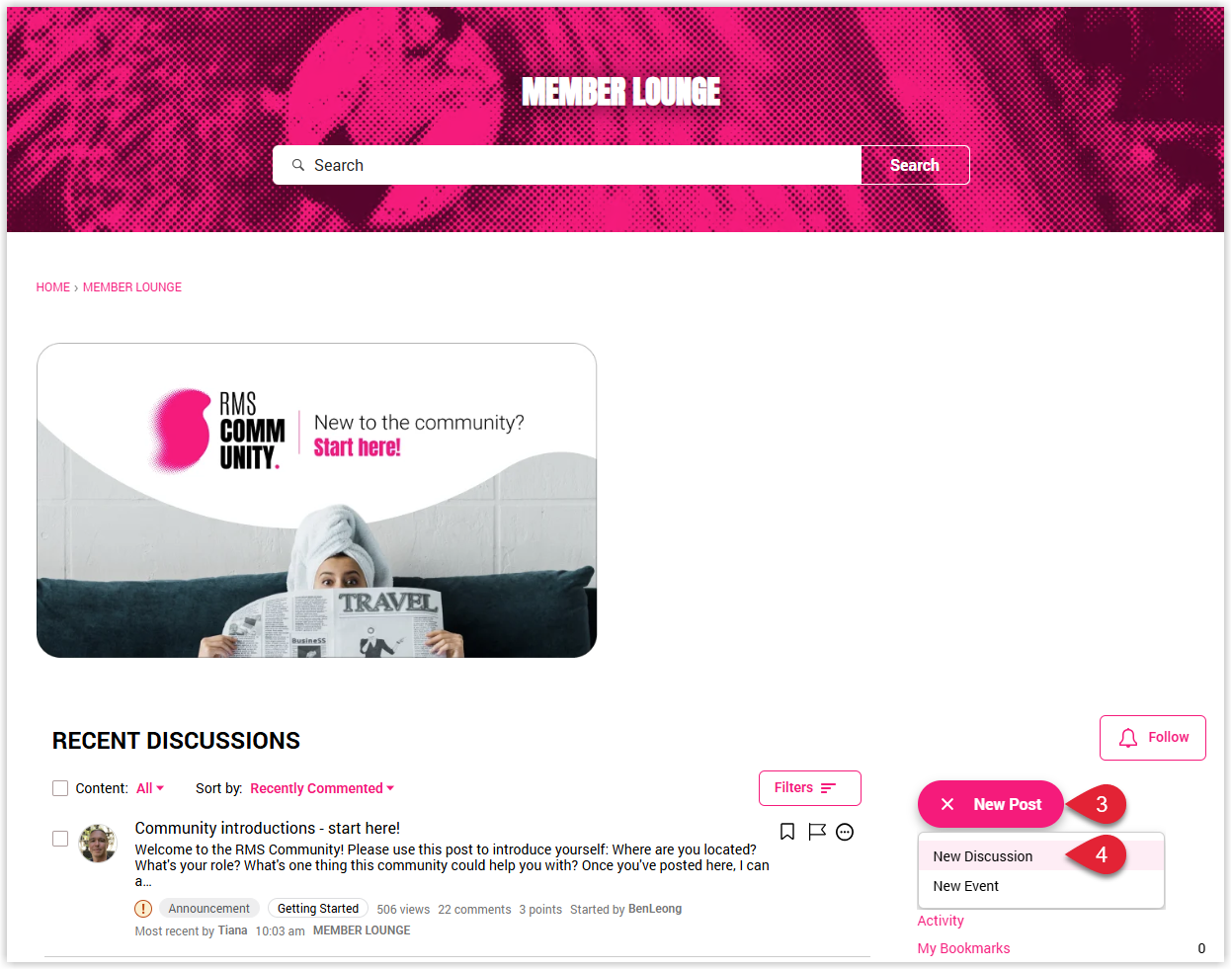 Screenshot of the New Post menu in RMS Community showing the New Discussion option