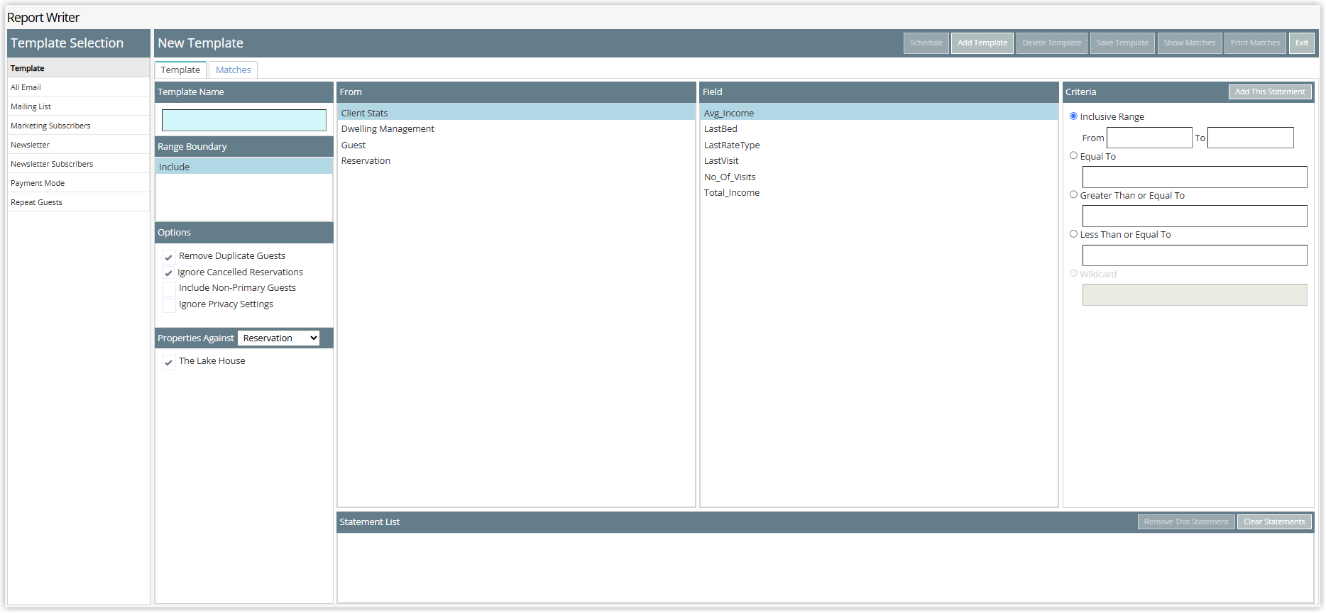 Screenshot of the Report Writer Template screen in RMS showing the Template Selection, Range Boundary, Options, Properties Against, From, Field and Criteria panels