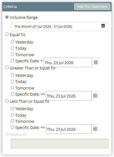 Screenshot of the Criteria panel in RMS showing Inclusive Range selected with From and To values