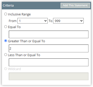 Screenshot of the Criteria panel in RMS showing Greater Than or Equal To selected