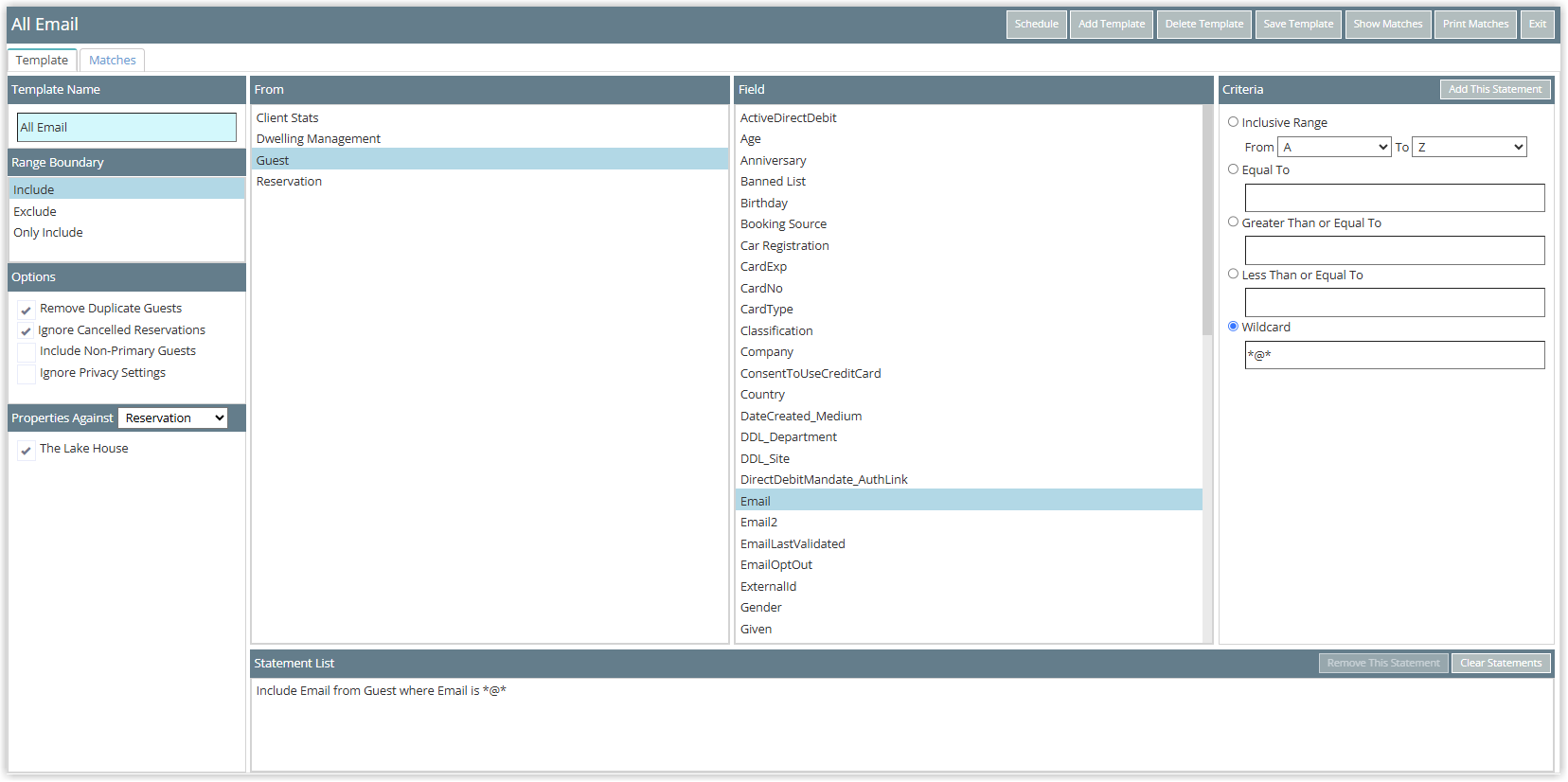 Screenshot of the Report Writer Template screen in RMS showing the All Emails example using Guest, Email and Wildcard