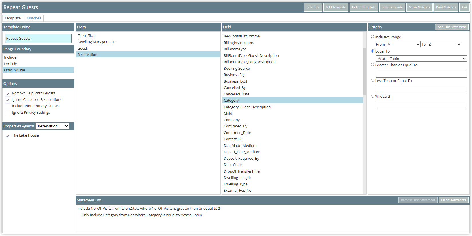 Screenshot of the Report Writer Template screen in RMS showing the Repeat Guests example with two statements