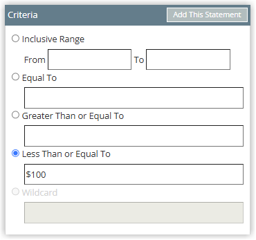 Screenshot of the Criteria panel in RMS showing Less Than or Equal To selected