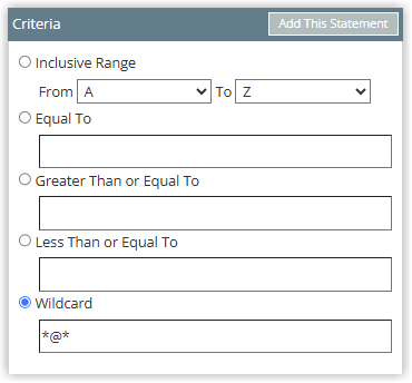 Screenshot of the Criteria panel in RMS showing Wildcard selected