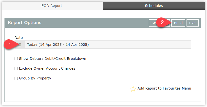 Screenshot of the EOD Report interface in RMS showing options to select the report date and the Build button to generate the report..png