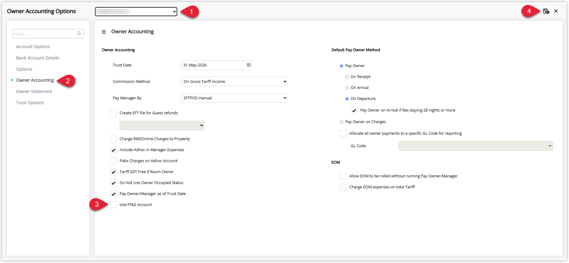 Annotated screenshot of the Owner Accounting Options screen in RMS highlighting the Use FF&E Account setting