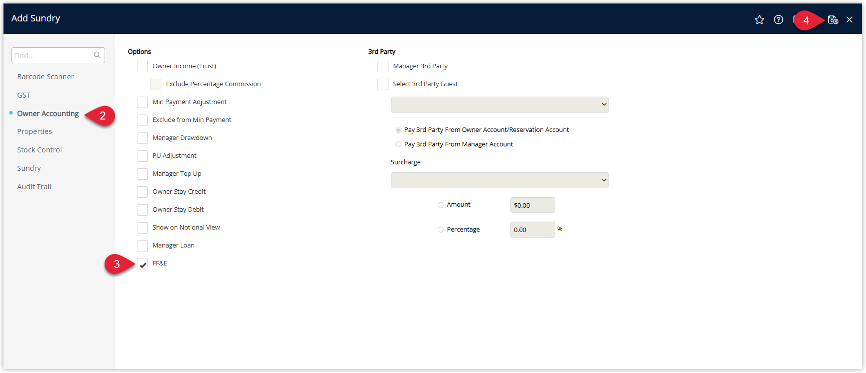 Annotated screenshot of the Sundry edit screen in RMS highlighting the FF&E checkbox on the Owner Accounting tab