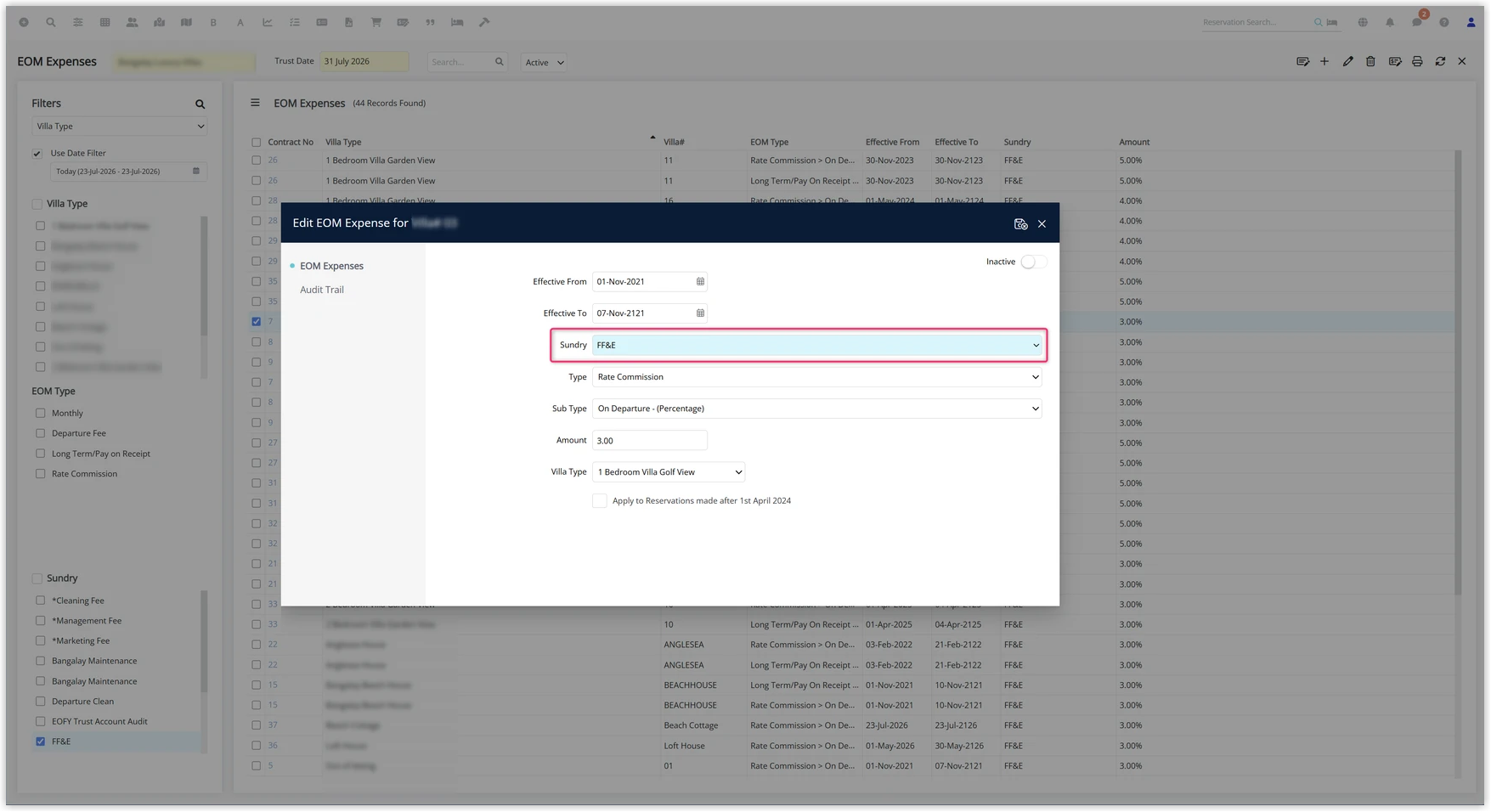 Annotated screenshot of the Edit EOM Expense screen in RMS highlighting the FF&E sundry