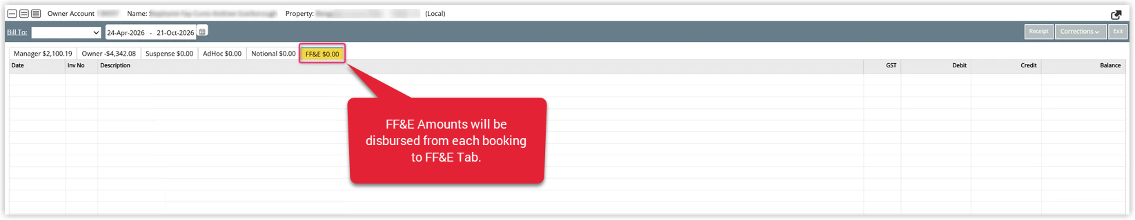 Annotated screenshot of the Owner Account in RMS highlighting the FF&E tab