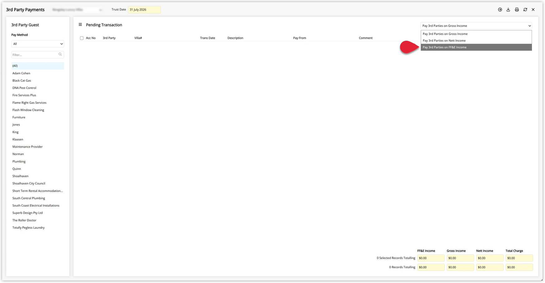Annotated screenshot of the 3rd Party Payments screen in RMS highlighting the Pay 3rd Parties on FF&E Income option