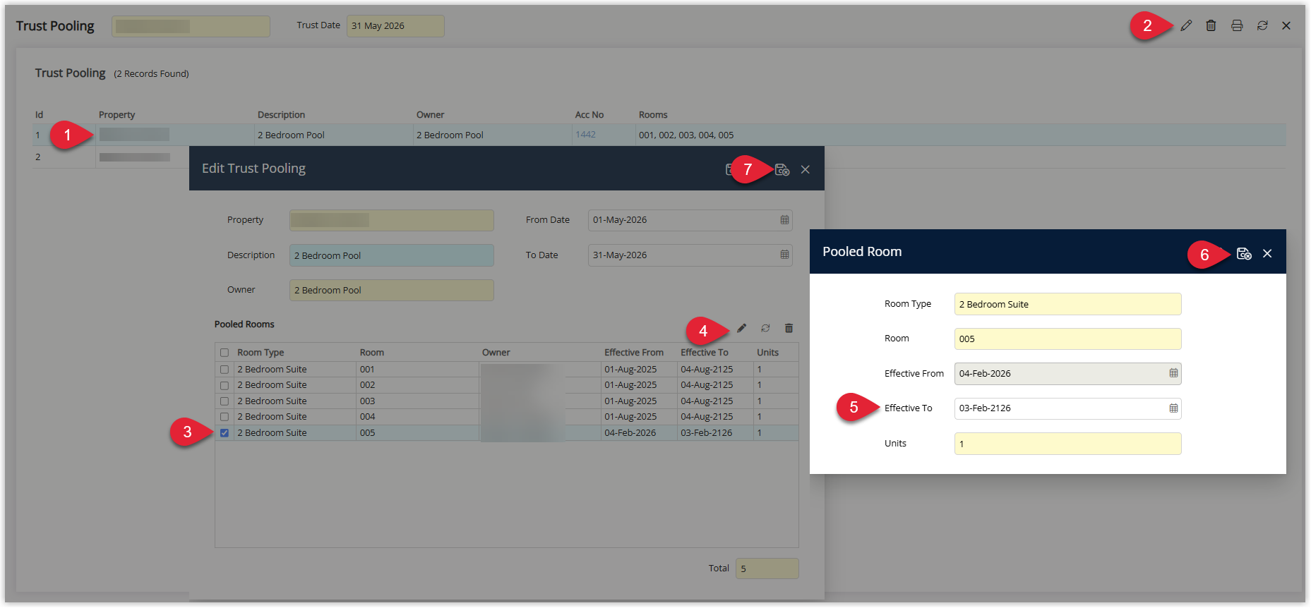 Annotated screenshot of the Trust Pooling screen in RMS showing the steps to end a pooled Area by changing its Effective To date