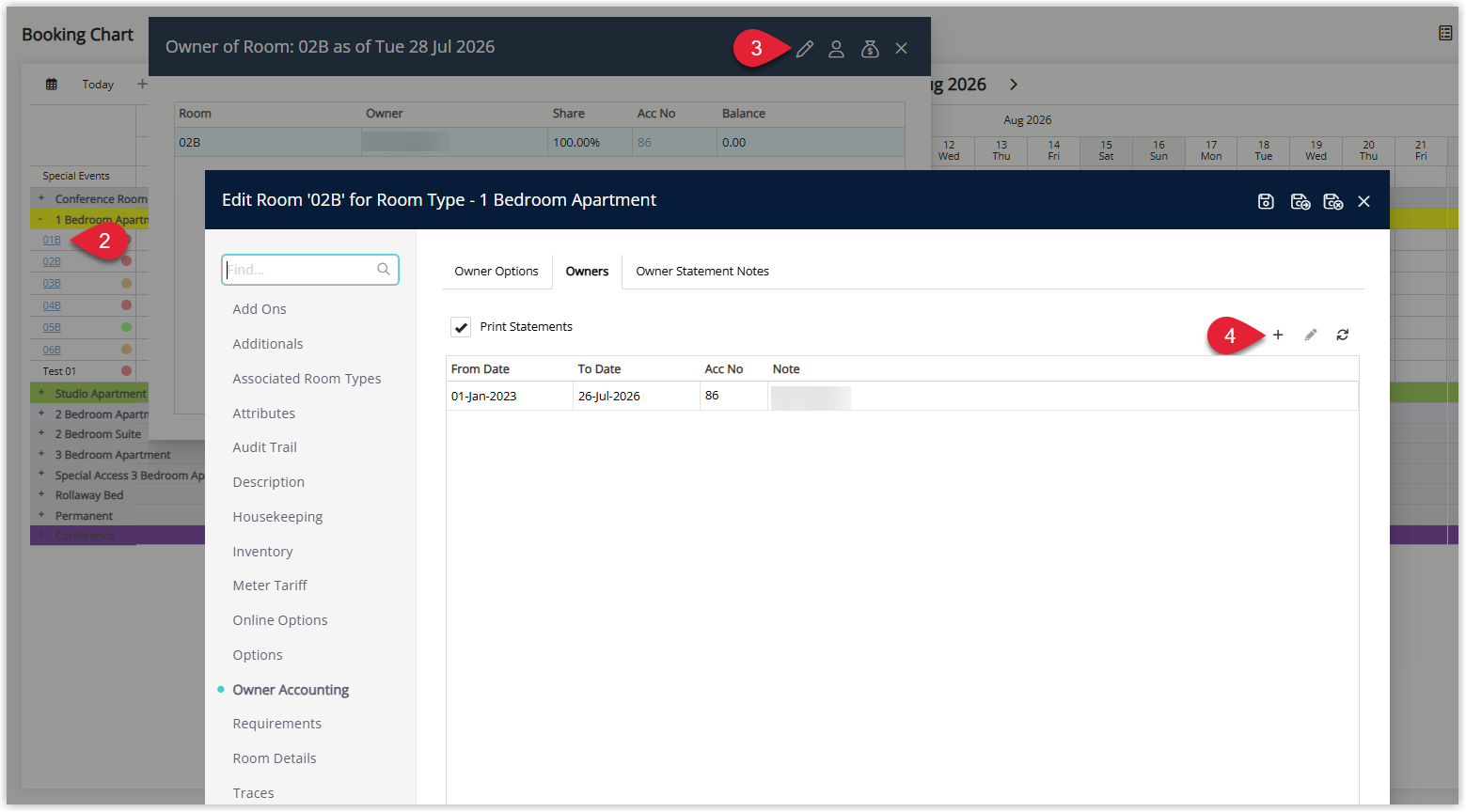 Annotated screenshot of the Edit Room Owners tab in RMS showing the steps to add a new owner contract from the Booking Chart