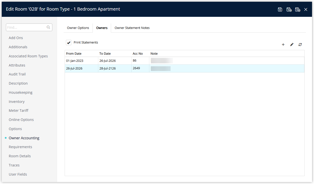Screenshot of the Edit Room Owners tab in RMS showing the new owner contract period listed below the previous period