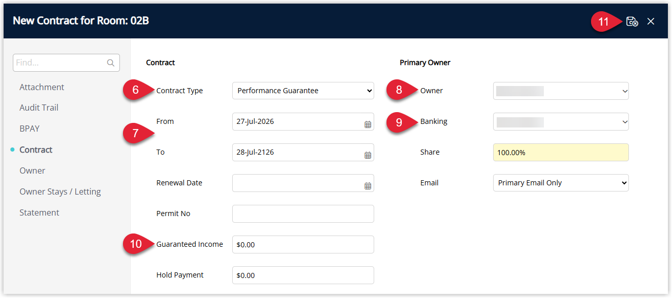 Annotated screenshot of the New Contract screen in RMS showing the Performance Guarantee contract type, dates, owner, banking and guaranteed income fields