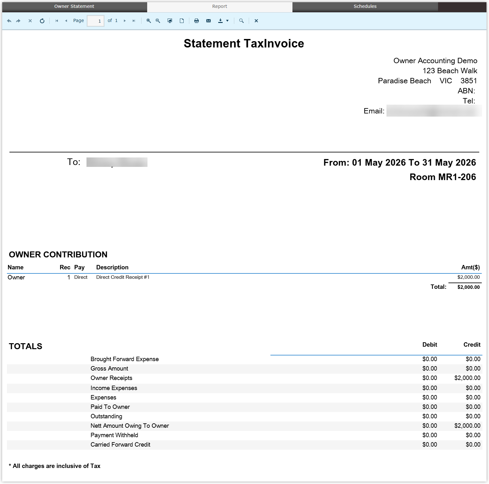Screenshot of an Owner Statement in RMS showing the Owner Contribution section with a direct credit receipt and the statement totals