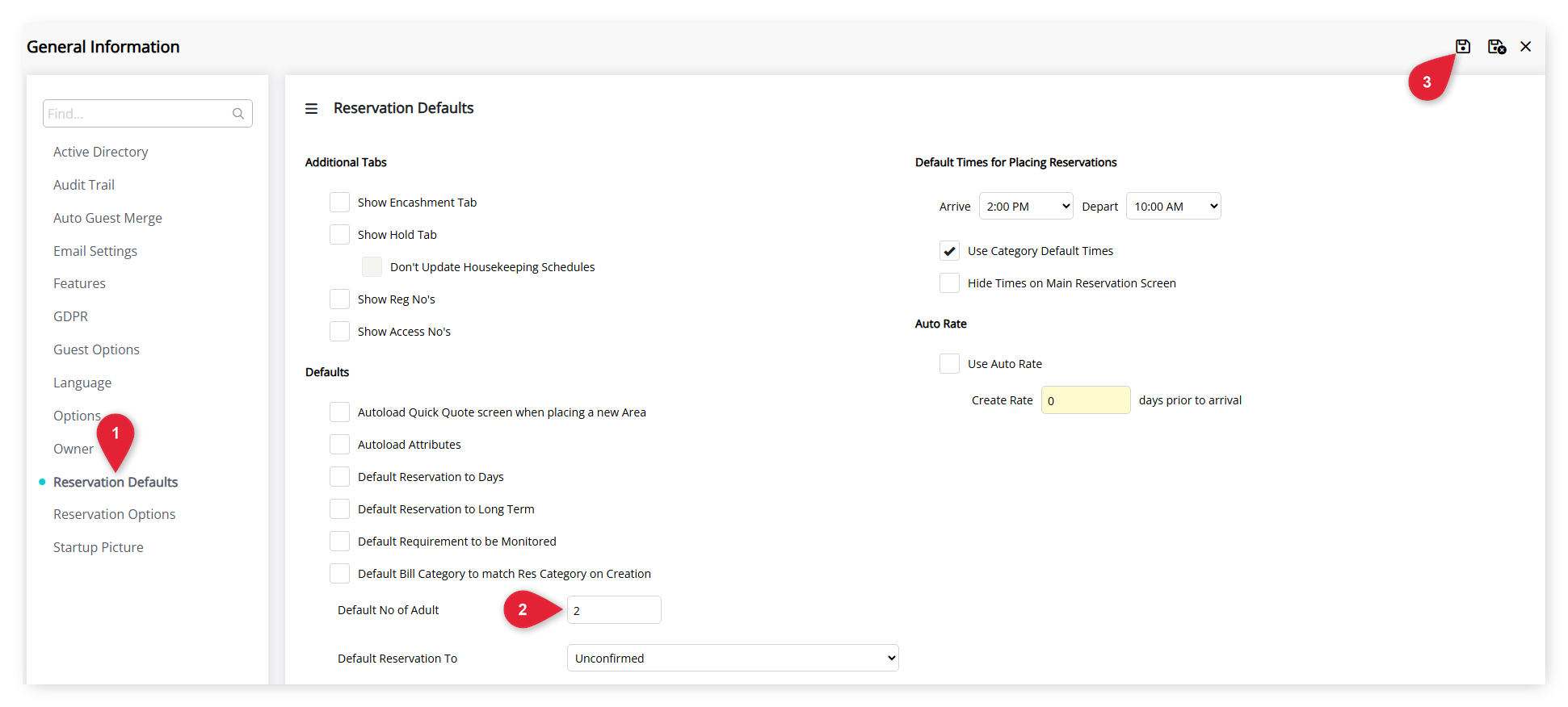 Annotated screenshot of the Reservation Defaults tab in RMS highlighting the Default No of Adult field