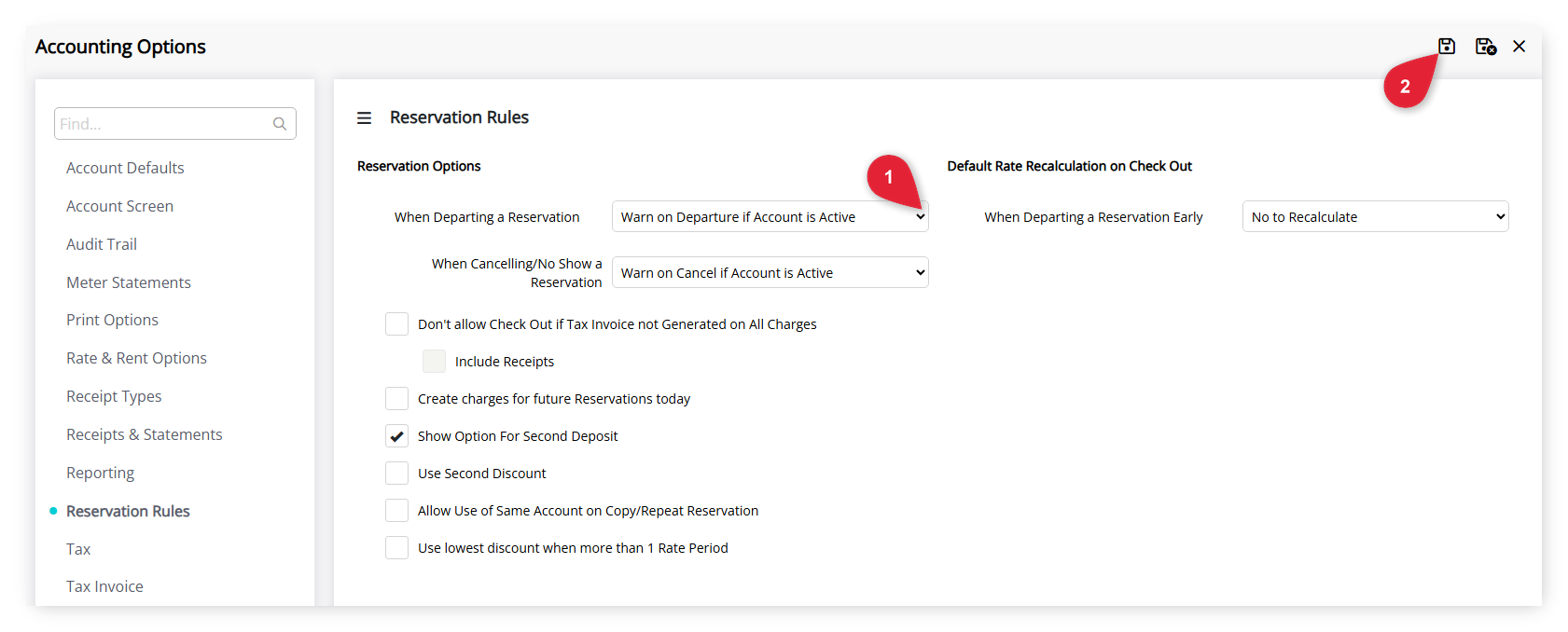 Annotated screenshot of the Accounting Options Reservation Rules tab in RMS highlighting the When Departing a Reservation setting and the Save icon