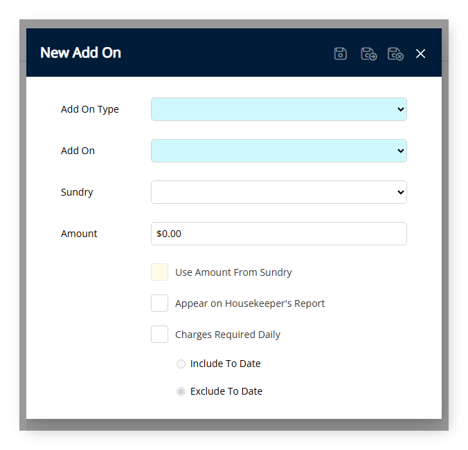 Screenshot of the New Add On window in RMS showing the Add On Type, Add On, Sundry and Amount fields