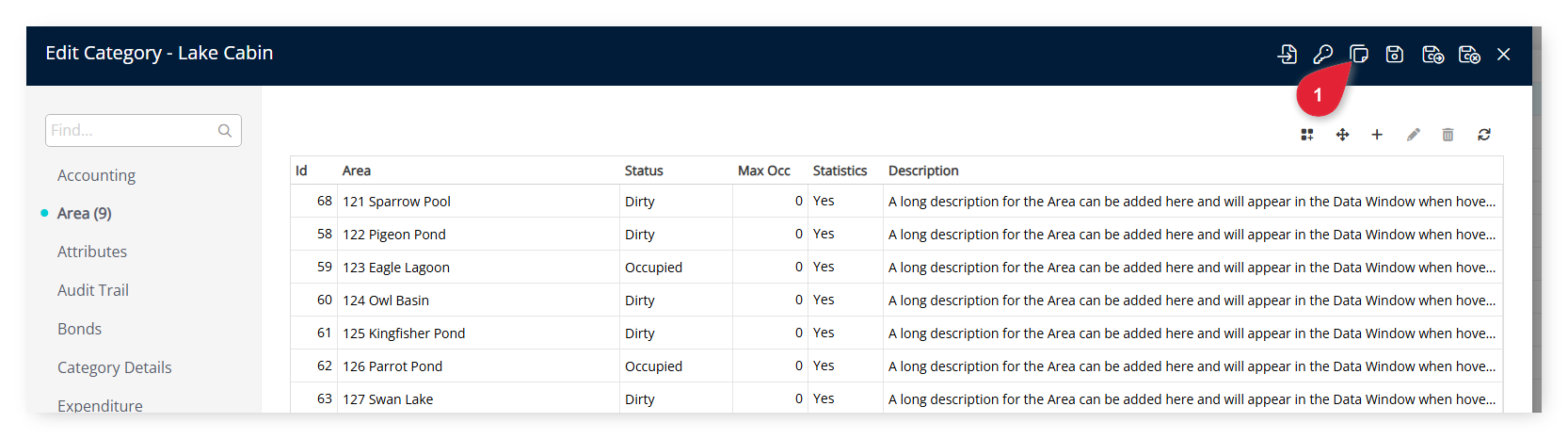 Annotated screenshot of the Edit Category screen in RMS highlighting the Notes icon in the title bar
