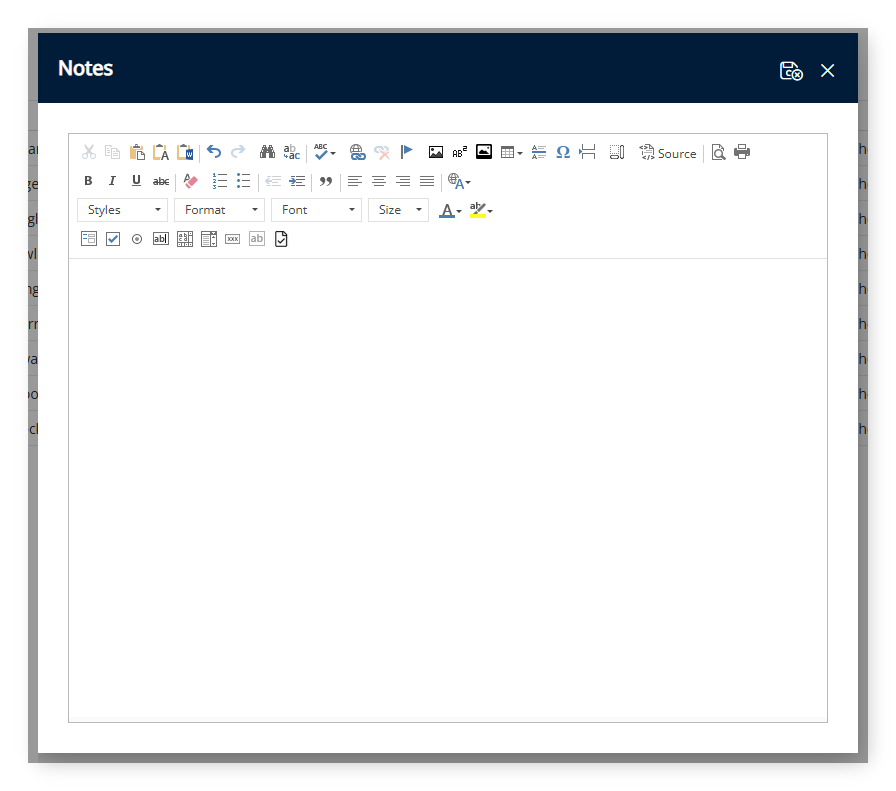 Screenshot of the Category Notes editor in RMS showing the rich text formatting toolbar