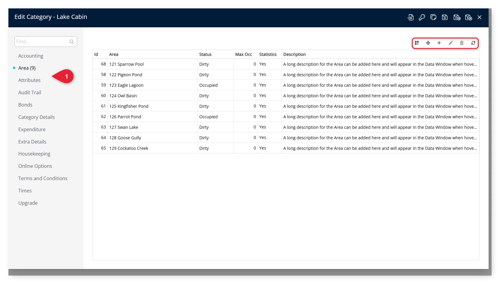 Annotated screenshot of the Edit Category screen in RMS highlighting the Area tab and the Area toolbar icons