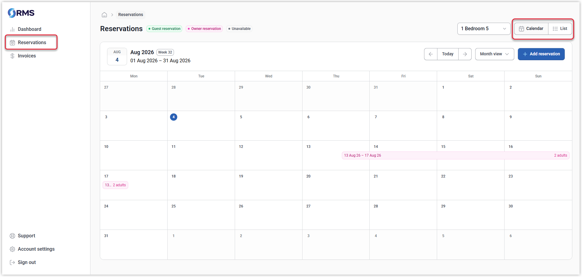 Owner portal reservations tab showing the calendar and list options.png