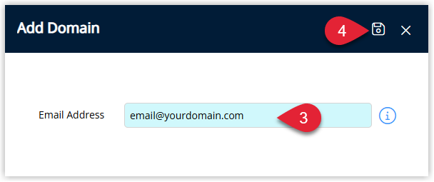 Add Domain screen showing the field to enter the email address and Save button highlighted.png