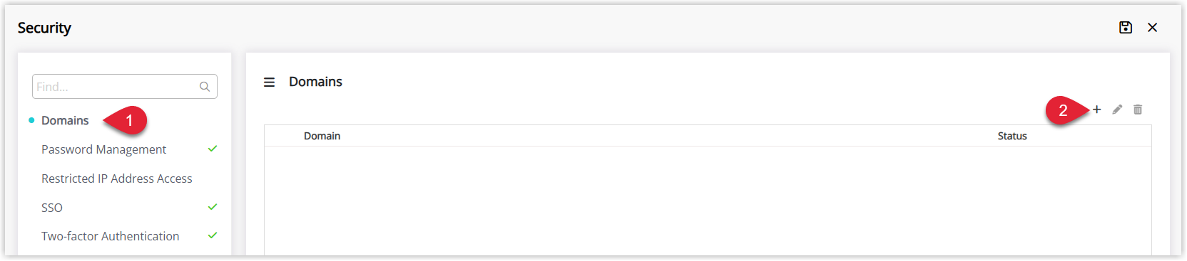 Screenshot of the Setup Security screen in RMS with the Domains tab selected and the Add icon highlighted to start verifying a new email domain..png
