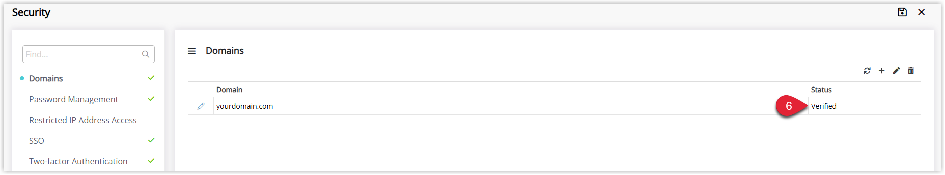 Screenshot of the Domains tab in RMS listing added email domains with columns for Domain Name and Verification Status, showing example domains marked as Pending or Valid..png