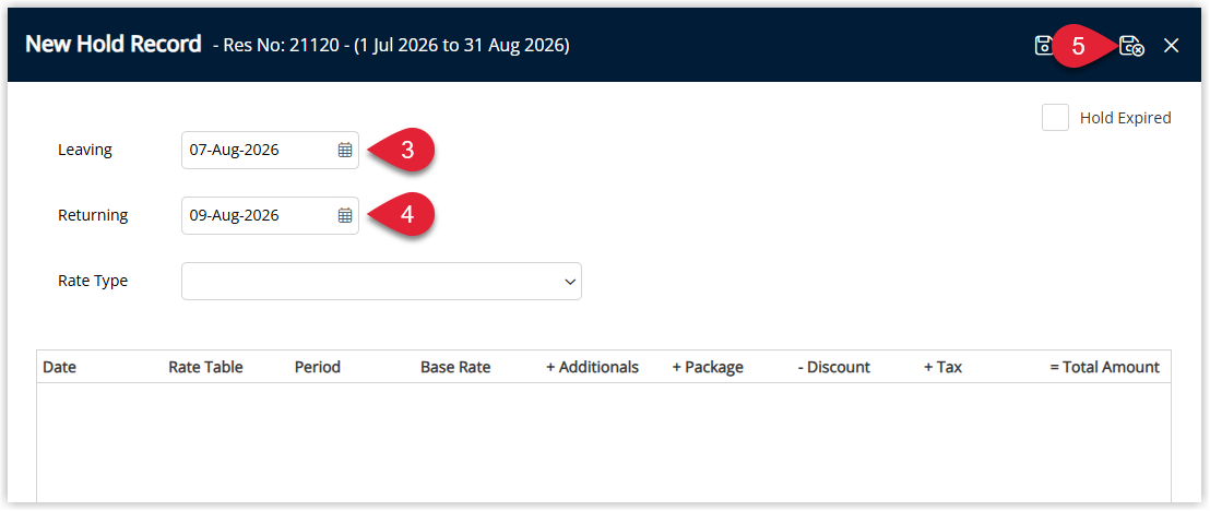 New Hold screen to enter leaving and returning dates and optionally select a rate type.png