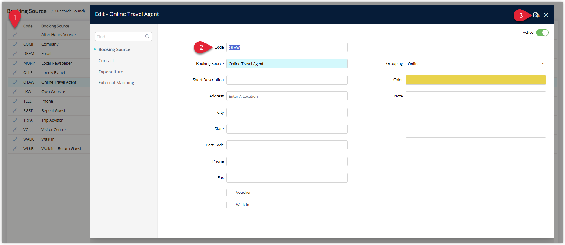 Annotated screenshot of the Edit Booking Source screen in RMS highlighting the Booking Source list, the Code field, and the save icon
