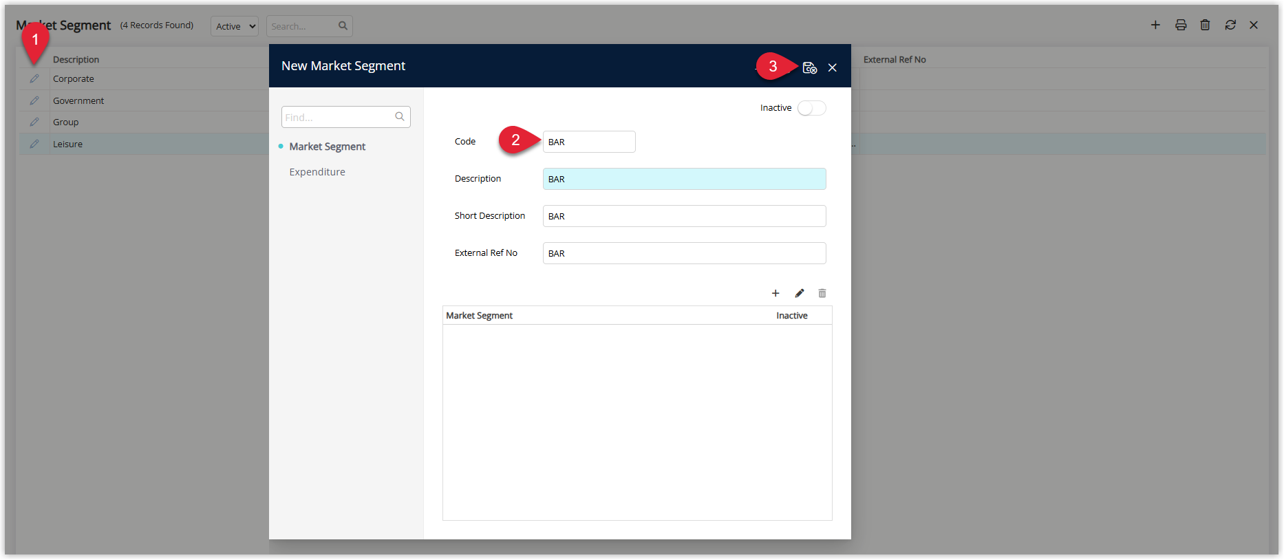 Annotated screenshot of the Market Segment screen in RMS highlighting the Market Segment list, the Code field, and the save icon
