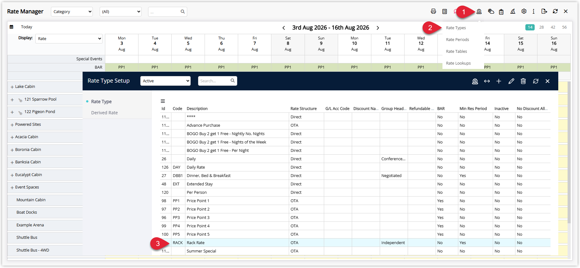 Annotated screenshot of the Rate Manager screen in RMS highlighting the Rate Types menu option and a Rate Type row in the Rate Type Setup grid
