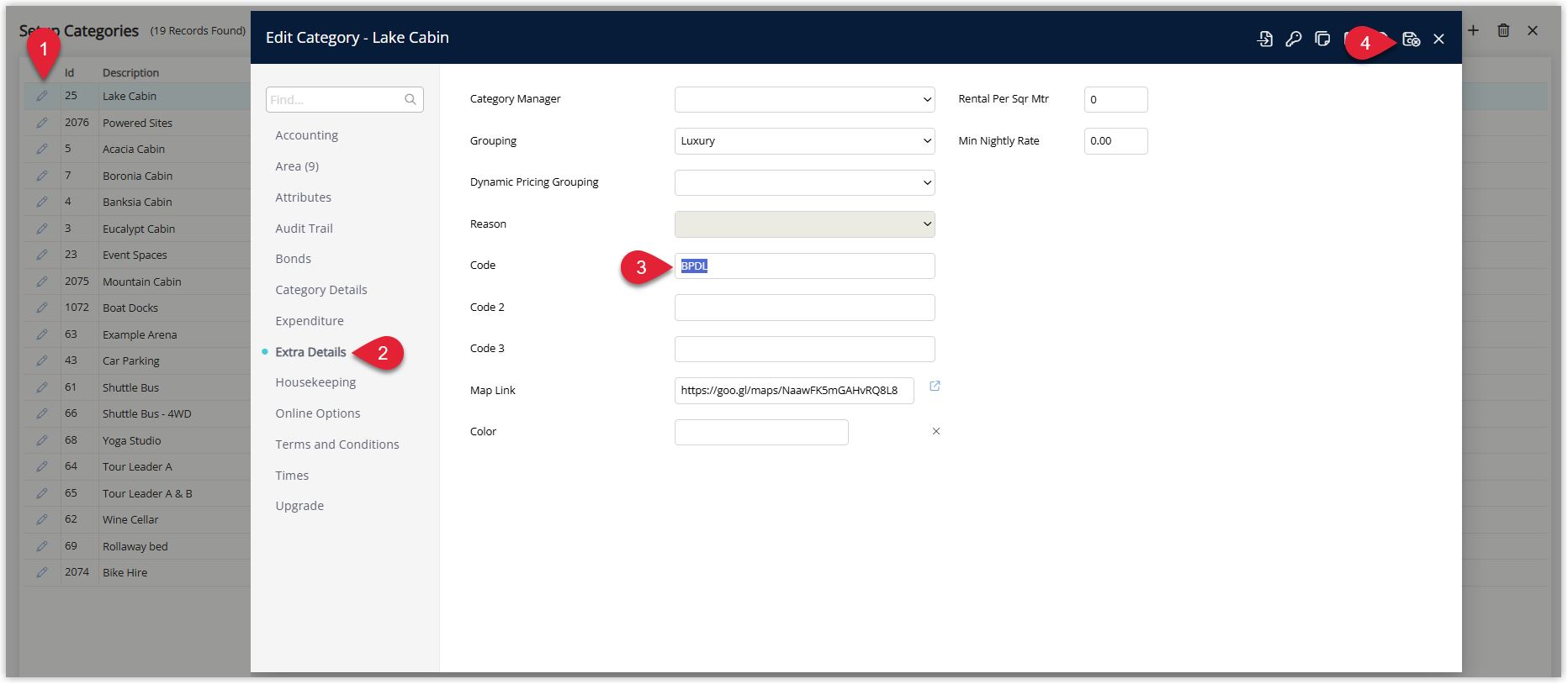 Annotated screenshot of the Edit Category screen in RMS highlighting the Categories list, the Extra Details tab, the Code field, and the save icon