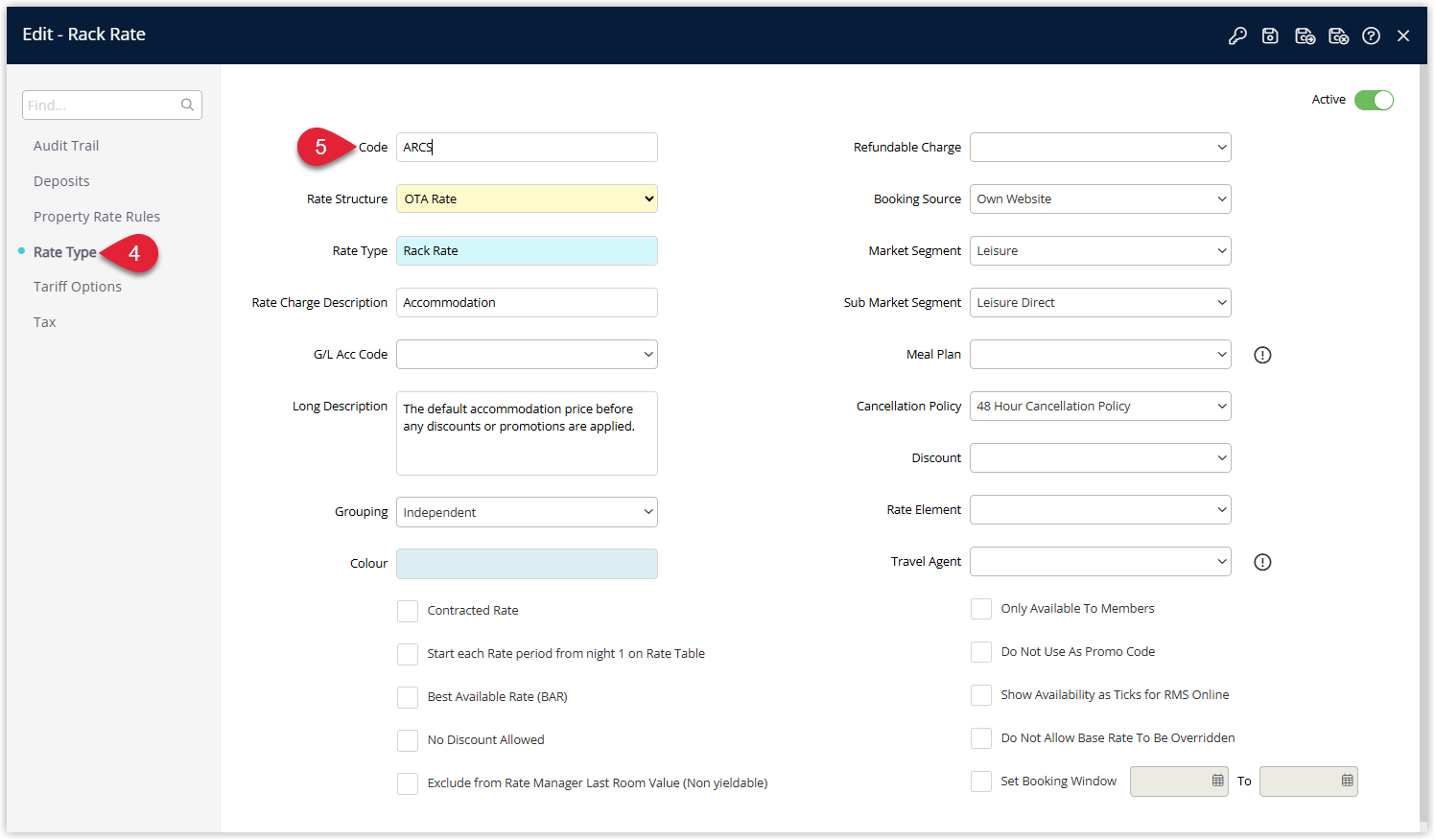 Annotated screenshot of the Edit Rate Type screen in RMS highlighting the Code field