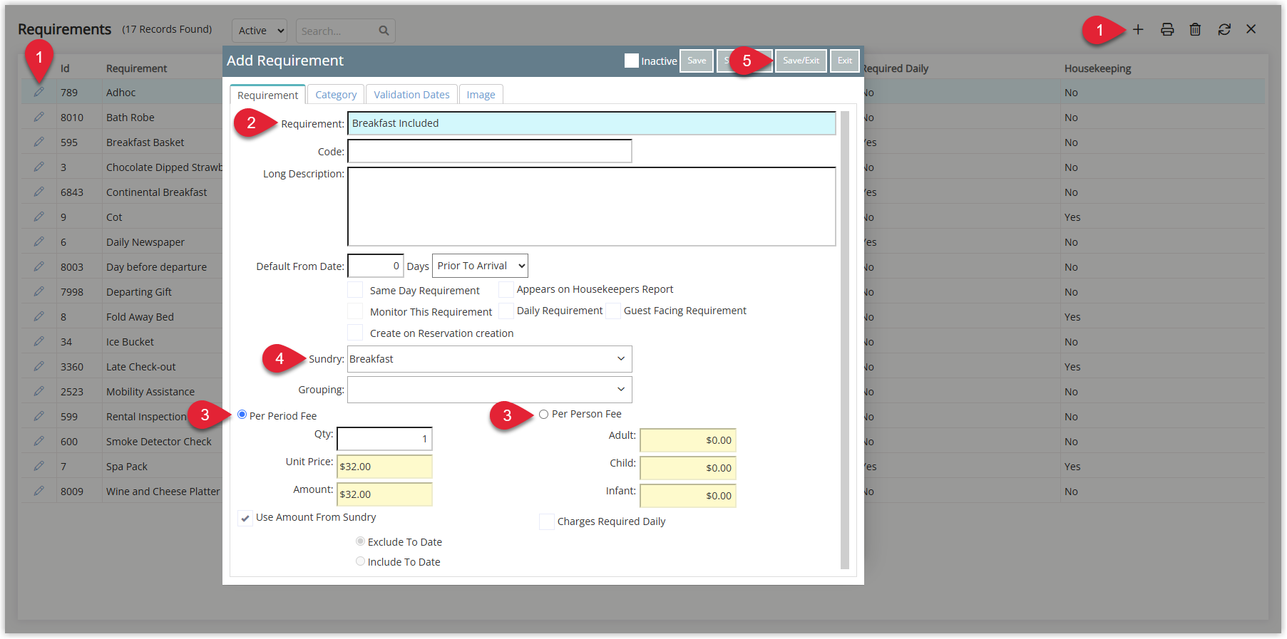 Annotated screenshot of the Add Requirement screen in RMS highlighting the Add icon, the Requirement name field, the Per Period Fee and Per Person Fee options, the Sundry field, and the Save/Exit button